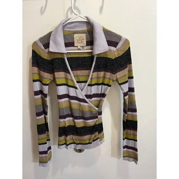 NEW Chaser Striped Flare Sleeve Top Winter Feminine Preppy Gossip Girl Chic - Picture 5 of 12